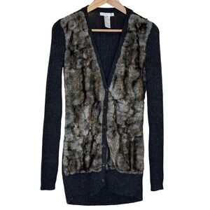Design History XS Slim Fit Knit Cardigan Faux Fur Front Button Front Longline